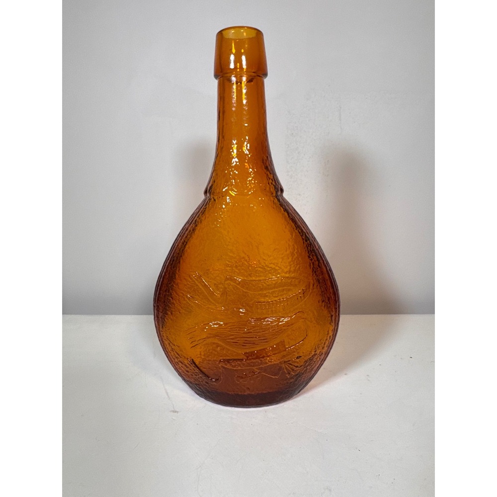 Vintage Wheaton Amber Glass Bottle Eagle Shield Textured Union Embossed 9"